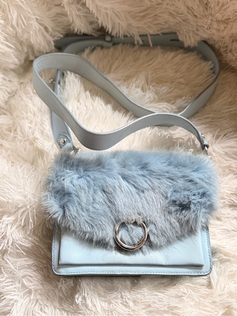 Rebecca Minkoff Light Blue Faux Fur Crossbody with Ring Detail